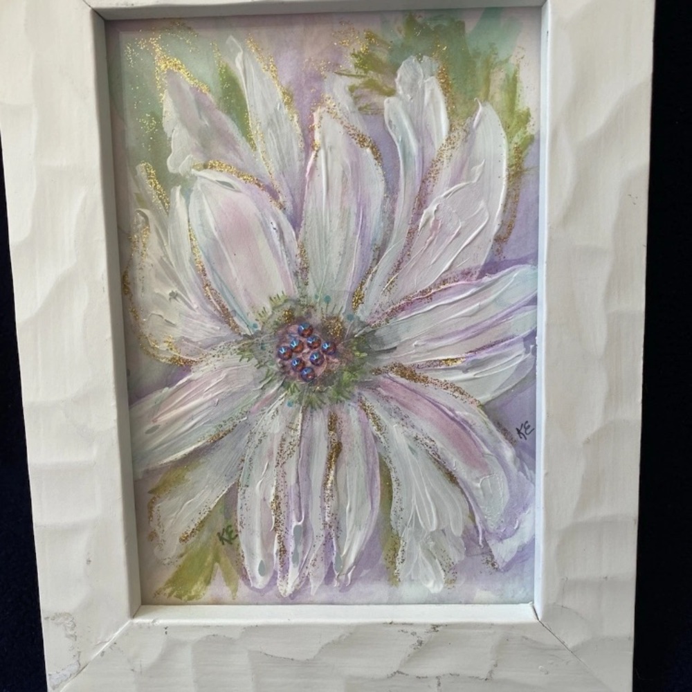 White, pastel textured mixed media floral painting  Framed 9x7 inches OOAK - Picture 6 of 6